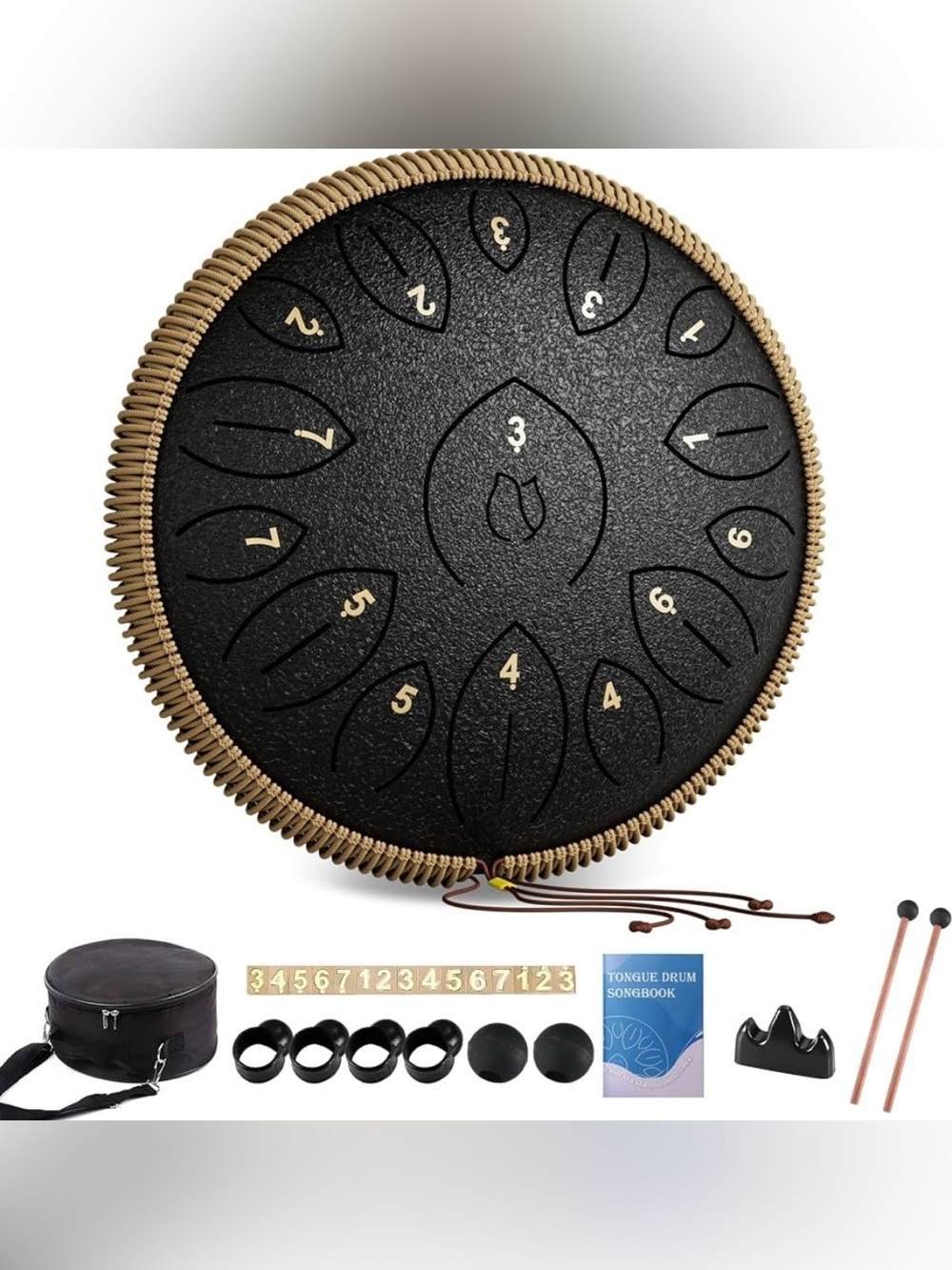 Black Steel Tongue Drum Set with Carry Case and Accessories